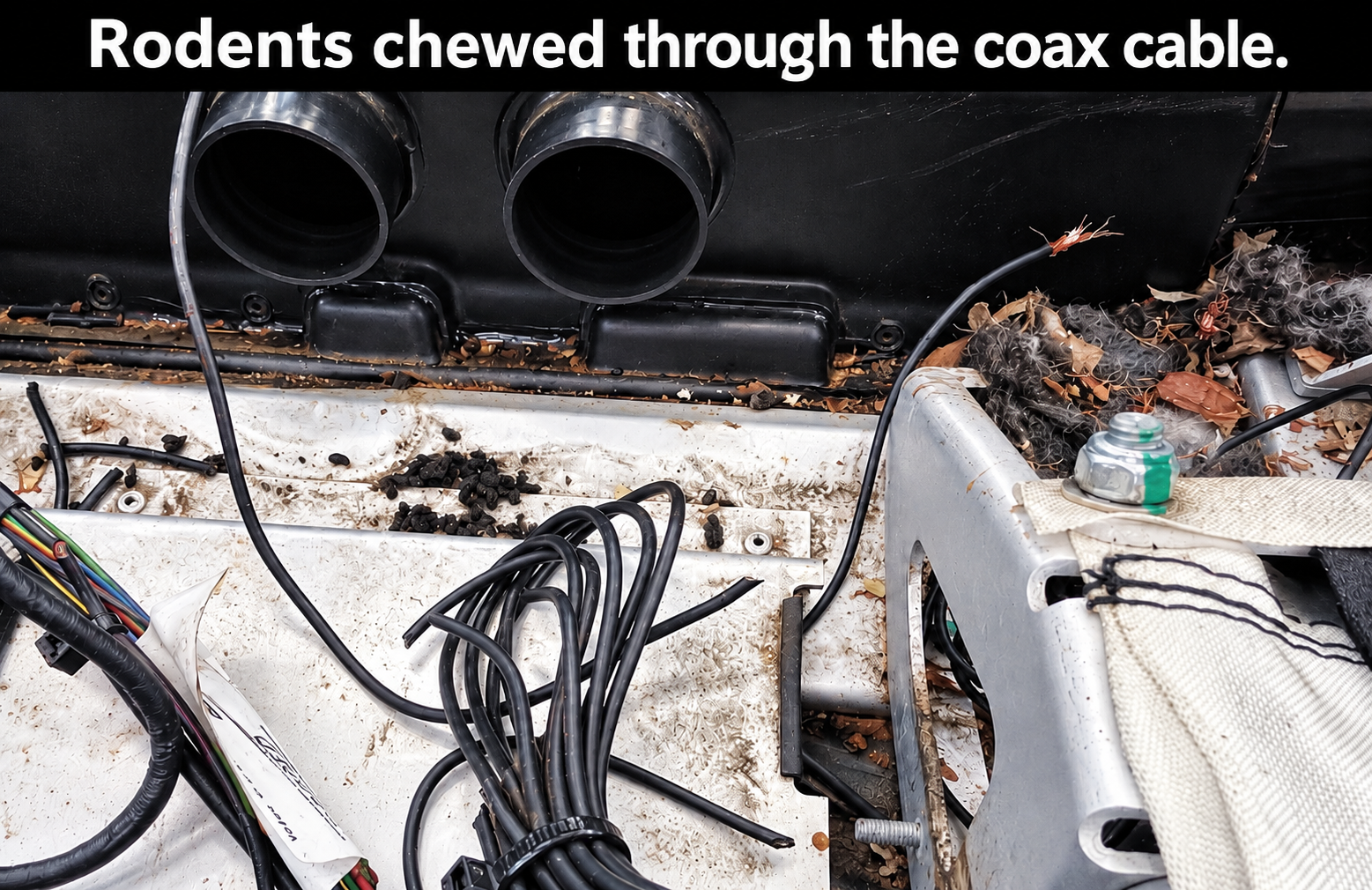 Rodent-chewed coax cable inside Tesla Roadster