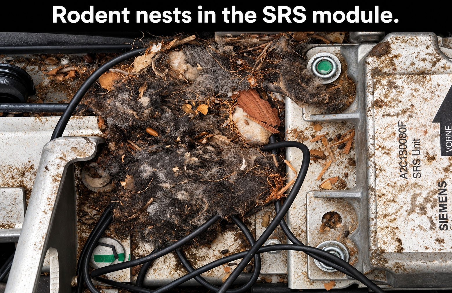 Rodent nesting material surrounding Tesla Roadster SRS module