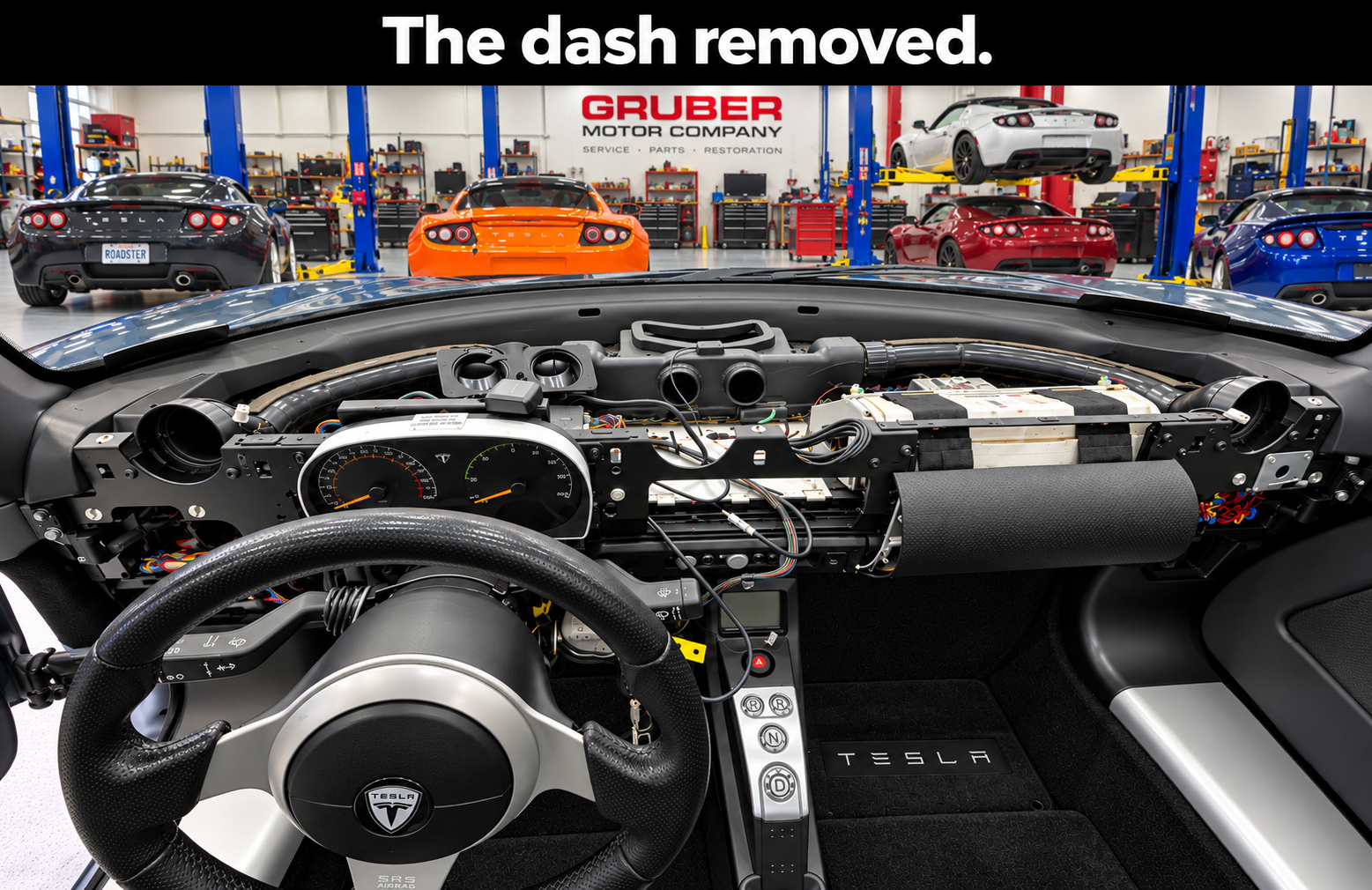Tesla Roadster dashboard removed to expose wiring and components